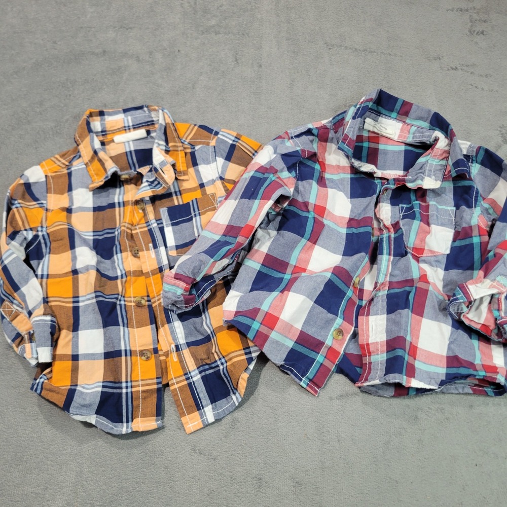 Crazy 8 Plaid Button Down Shirts Toddler Boys 12-18M Orange Blue Red Set of 2
